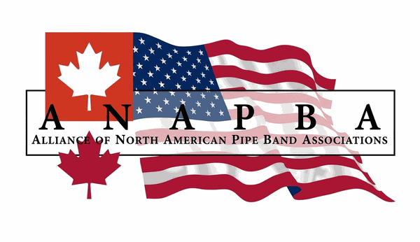 ANAPBA logo: Canadian and American flags flanking 'ANAPBA' in large Celtic lettering with 'Alliance of North American Pipe Band Associations' below