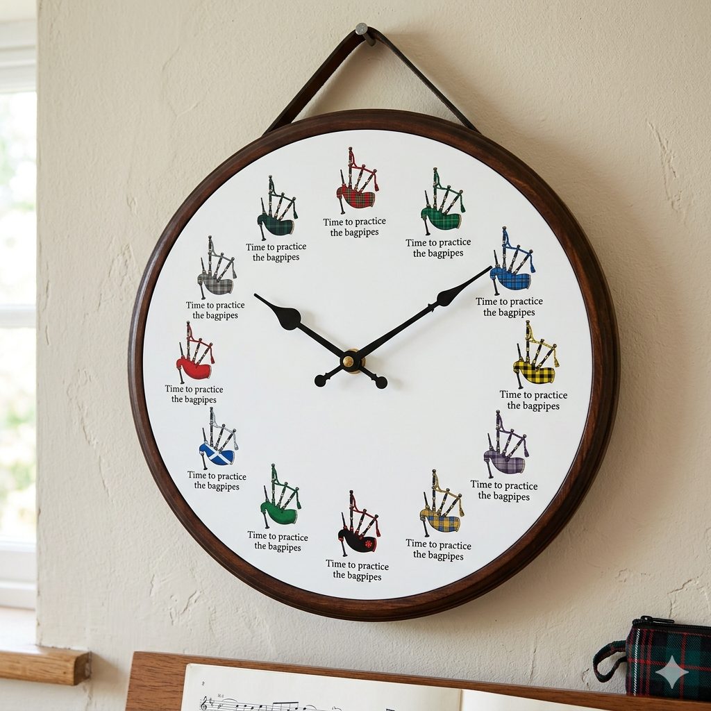 A round wall clock mounted on a cream plaster wall. Each of the twelve hour markers is a small illustration of a bagpipe in a different tartan and color, and every marker is labeled 'Time to practice the bagpipes.'