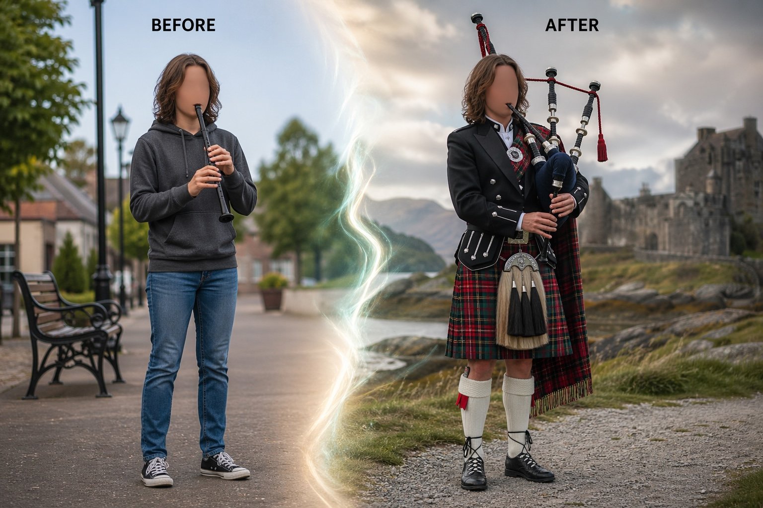 A before-and-after split image. On the left, labeled BEFORE, a person in a hoodie and jeans stands on a city sidewalk holding a practice chanter. On the right, labeled AFTER, the same person stands in full Highland dress -- kilt, Prince Charlie jacket, sporran, flashed hose, and ghillie brogues -- playing a full set of Great Highland bagpipes in a Scottish landscape with a castle in the distance.
