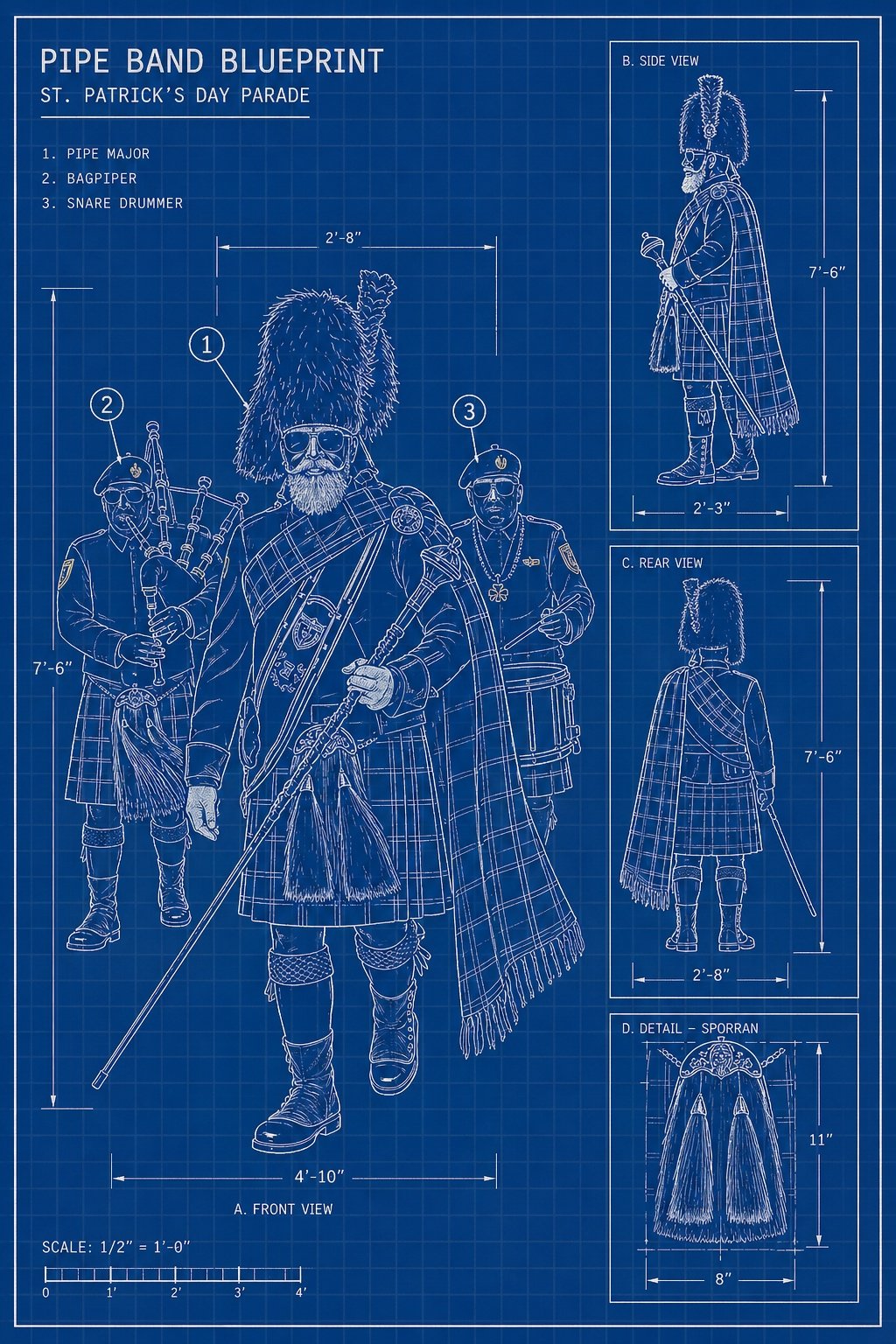 Stylized blueprint-style illustration titled 'PIPE BAND BLUEPRINT, ST. PATRICK'S DAY PARADE.' Three labeled figures in cyan-on-navy: a pipe major in feather bonnet with mace front and center, a bagpiper to the left, a snare drummer to the right. Side view, rear view, and a sporran detail with measurements in feet and inches surround the main figure.