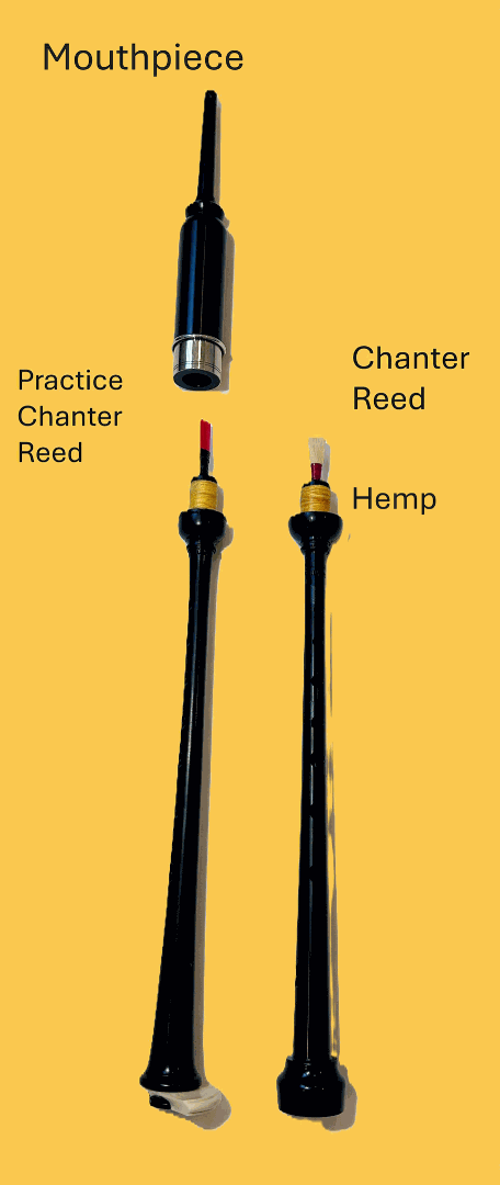 The practice chanter disassembled into upper and lower sections, shown next to a bagpipe chanter.