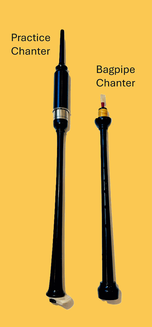 A practice chanter (with mouthpiece) beside a bagpipe chanter (without mouthpiece).