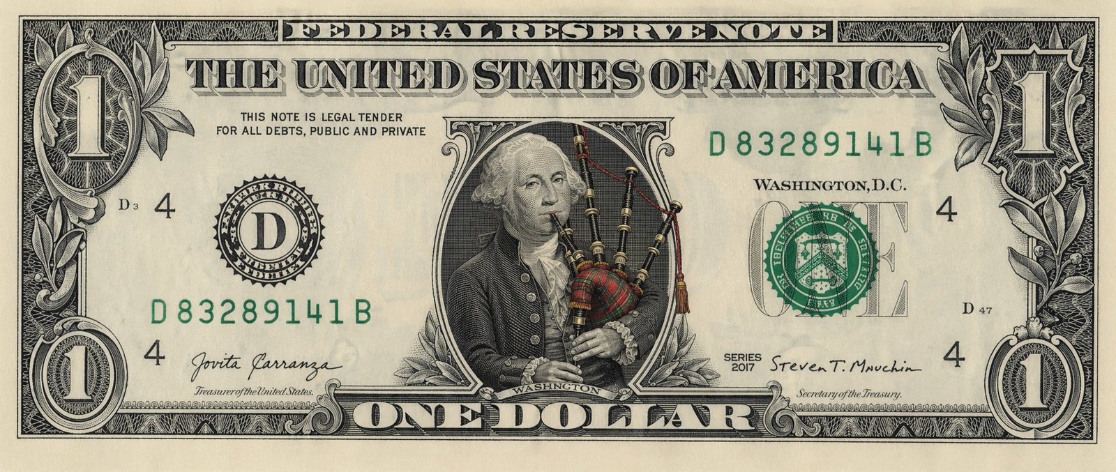 A stylized United States one-dollar bill in which the portrait of George Washington has been altered to show him holding a full set of Great Highland bagpipes.