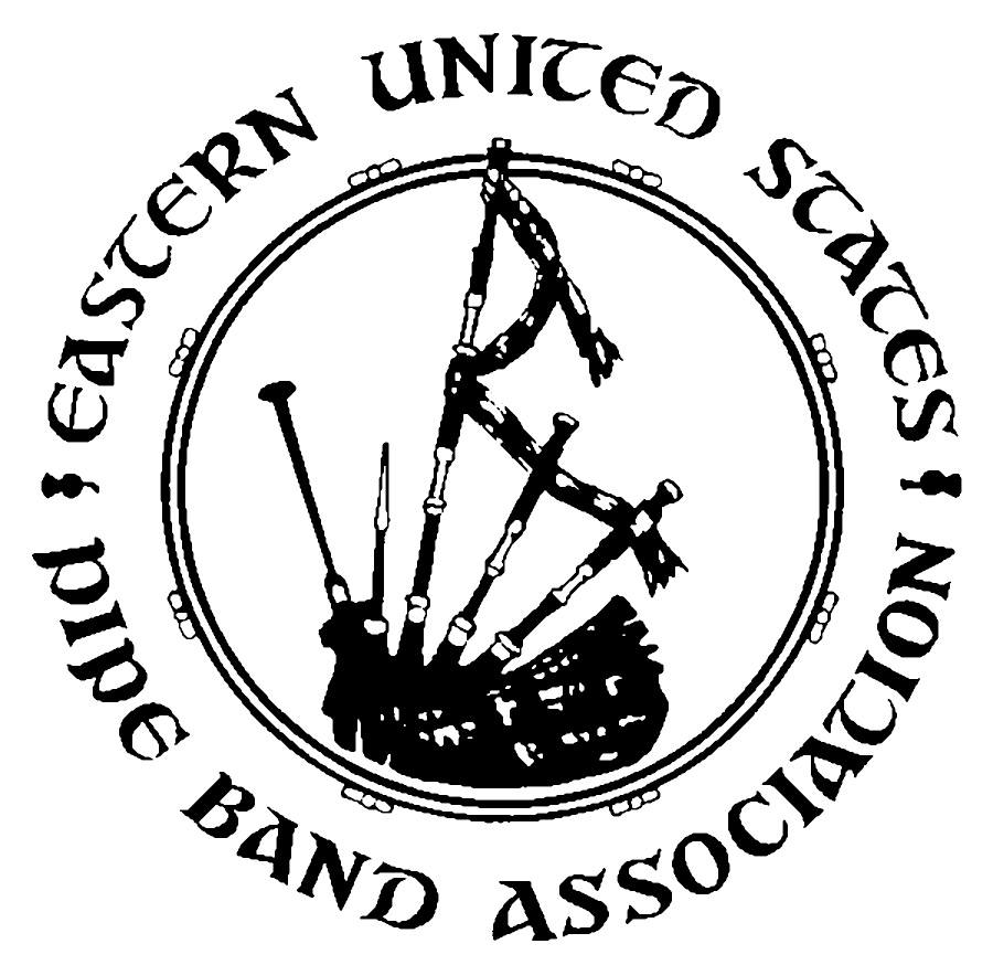 EUSPBA heraldic seal: circular emblem with bagpipe illustration and 'Eastern United States Pipe Band Association' text around the rim