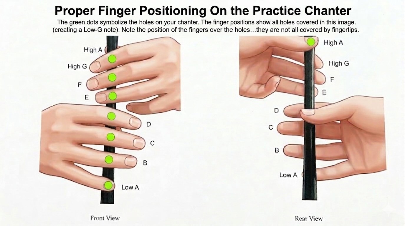 Illustrated front and rear views of hands on a practice chanter. The front view labels the note positions High A, High G, F, E, D, C, B, and Low A from top to bottom, with green dots marking each covered hole (the Low-G position, all holes covered). The rear view shows the left thumb covering the back hole.