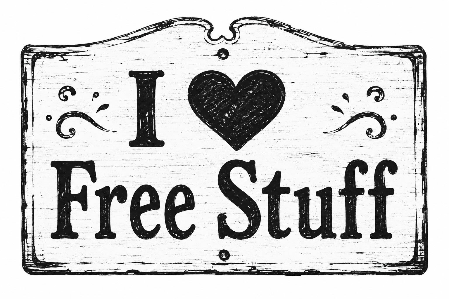 A hand-drawn wooden signboard reading I heart Free Stuff, in black ink on a white painted background