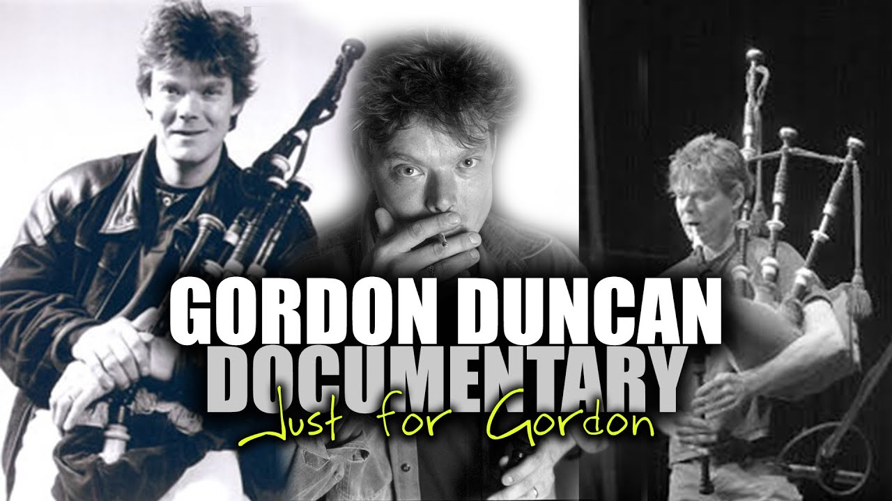 Title card for the Just for Gordon documentary, showing three black and white photographs of the piper Gordon Duncan