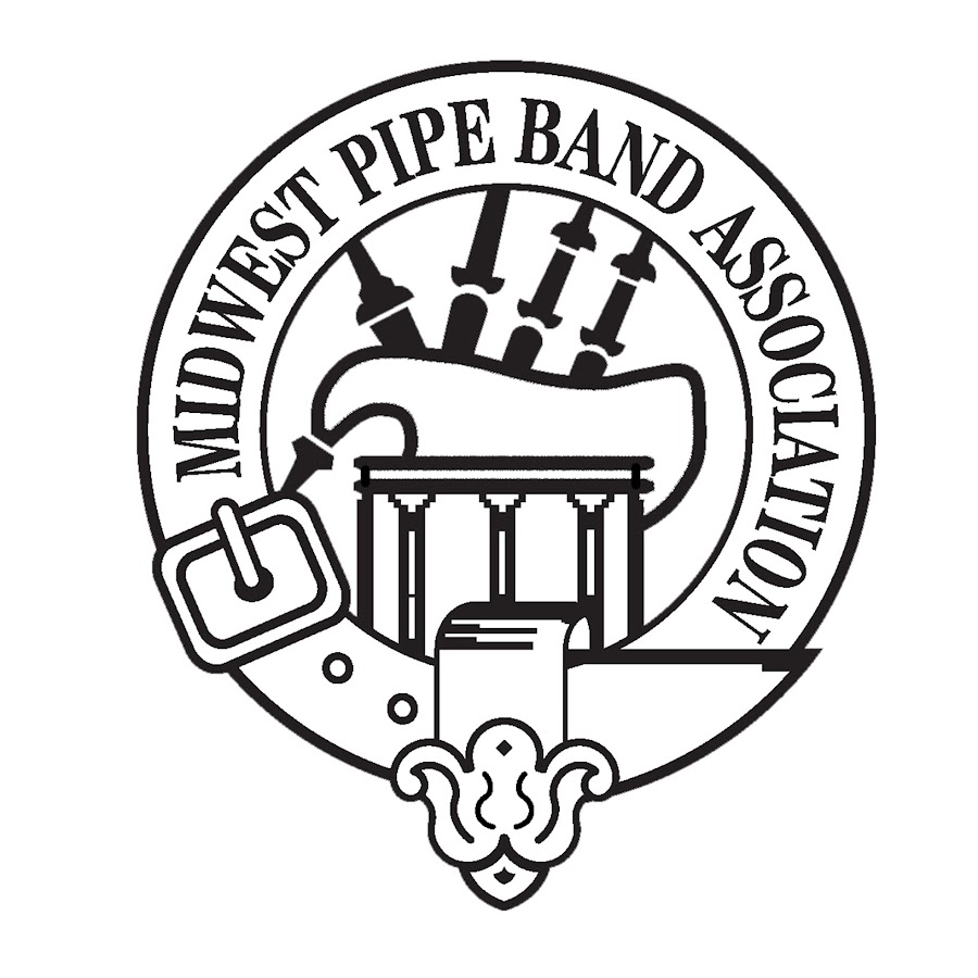 MWPBA logo: heraldic Scottish-style crest with 'Midwest Pipe Band Association' curved text surrounding a bagpipe illustration with belt-and-buckle motif