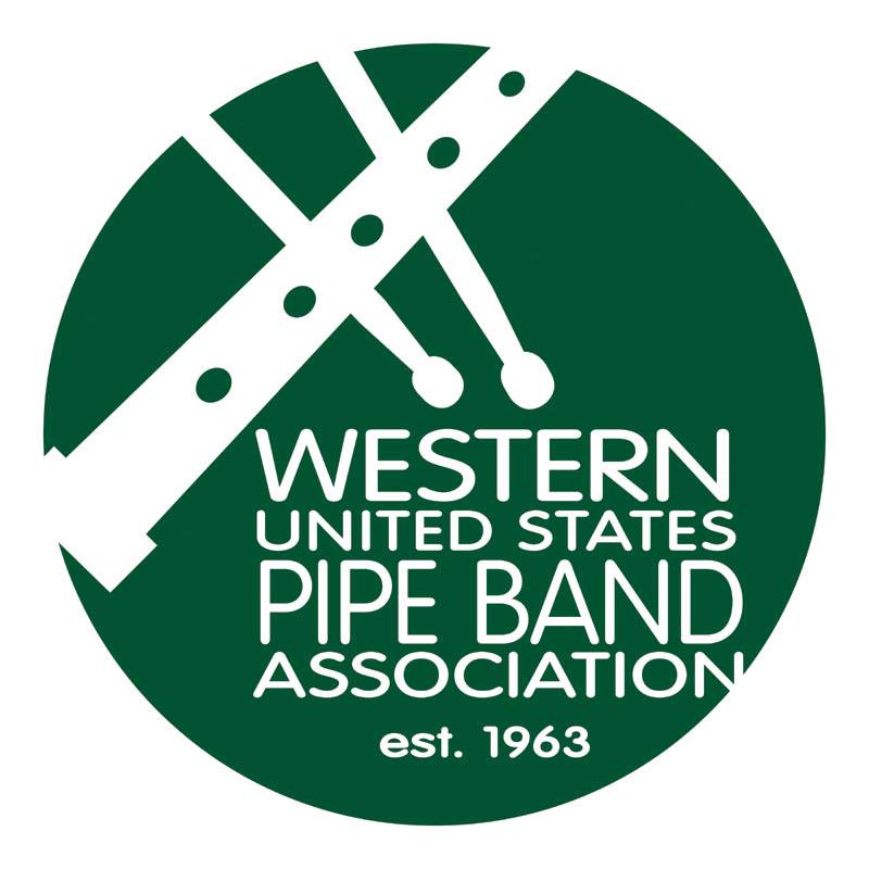 WUSPBA logo: dark green circle with crossed white bagpipe drones and 'Western United States Pipe Band Association, est. 1963' text